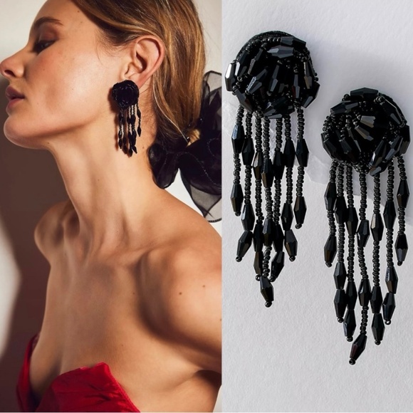 NWT‎ Free People Stella Dangle Earrings In Black Beads - Picture 1 of 9
